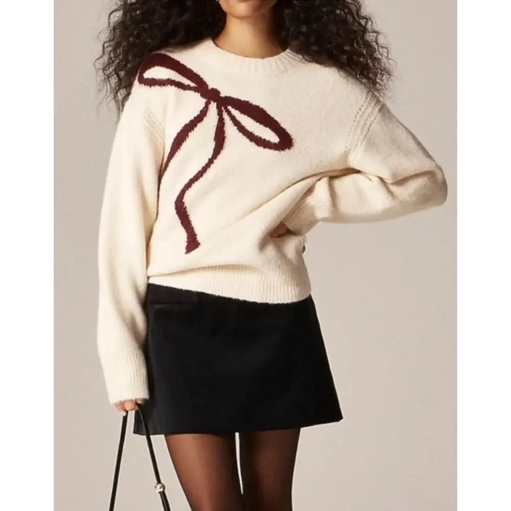 NWOT J. Crew Crewneck Pullover Sweater Western Girly Bow Print Ivory/Burgundy L